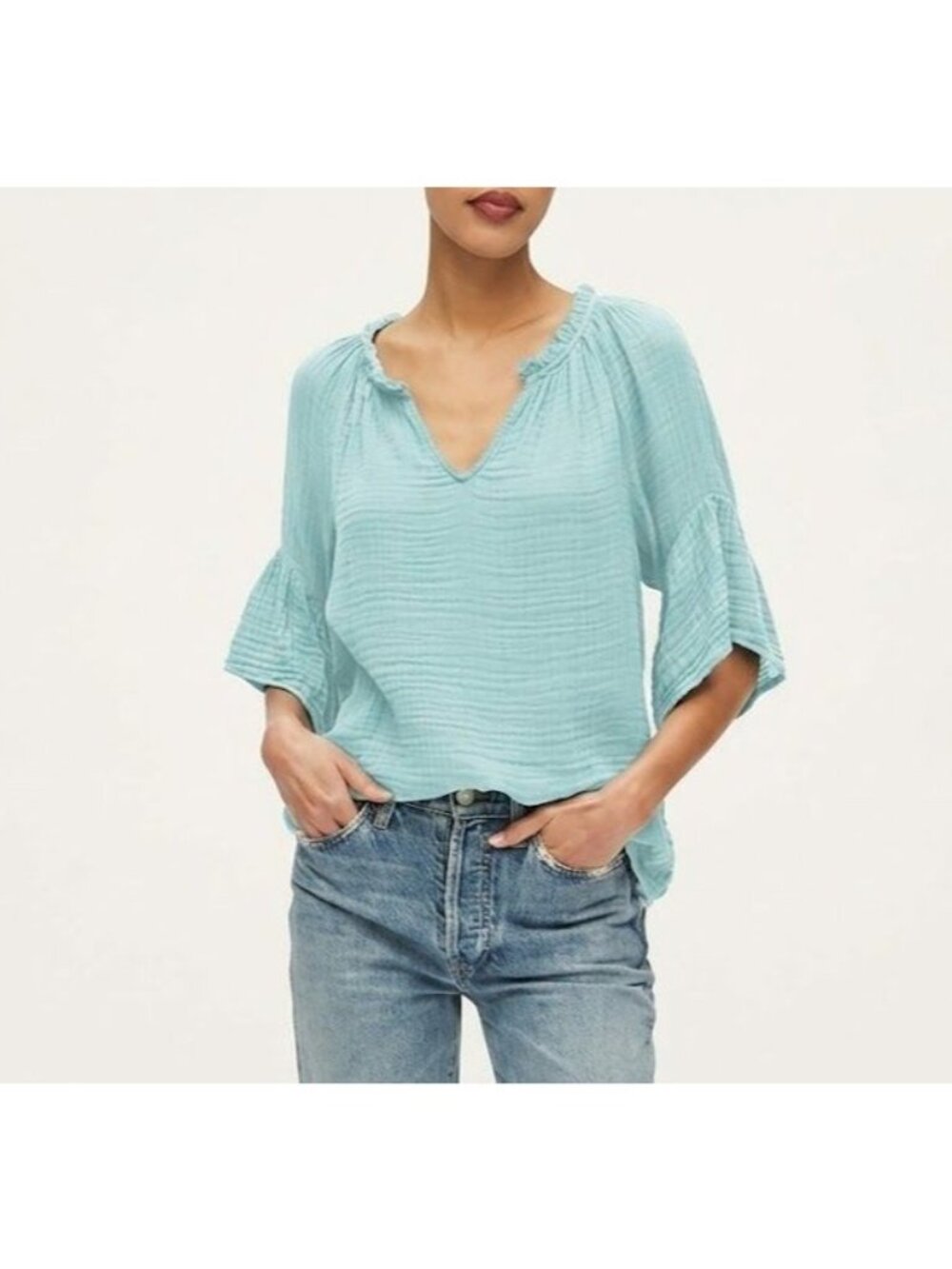 Michael Stars Savannah Blouse Small Flutter Sleeve Ruffle V Neck Gauze Top Chic